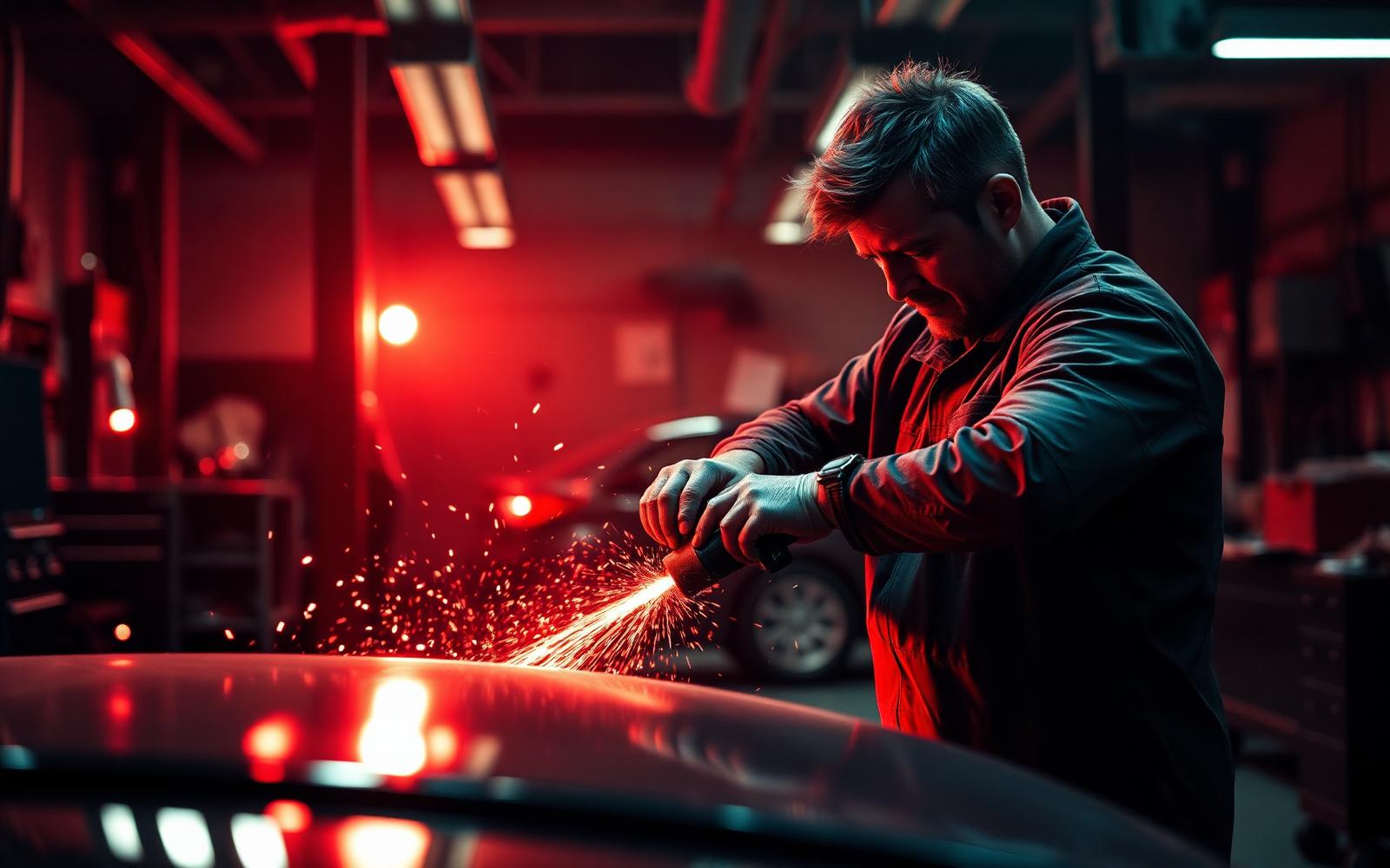 Technician working on car panel at LTP Auto Body
